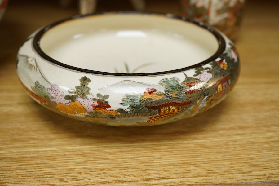 A group of Japanese ceramics to include a Satsuma tripod censer and a miniature Chinese screen, largest 24cm high